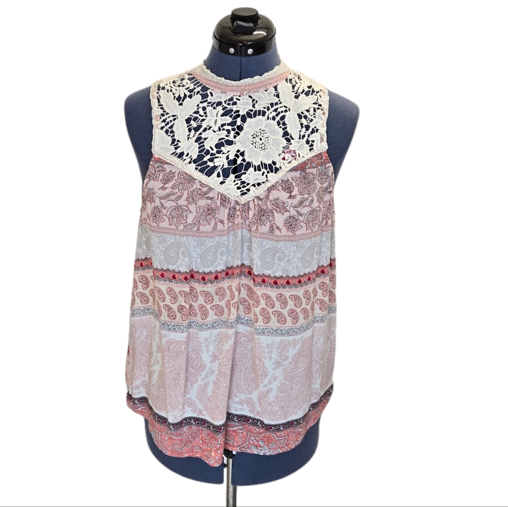 O'Neil paisley bohemian print lace yoke sleeveless blouse medium